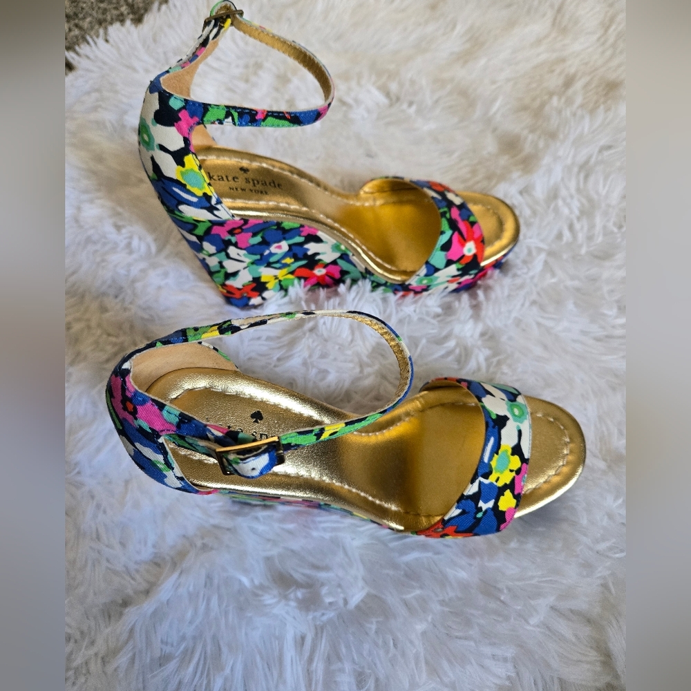 Kate Spade Multicolor Floral Heels with Gold Accents - Picture 2 of 5